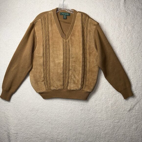Vintage Hill & Archer V Neck Acrylic and Leather Sweater Large Brown Grandpa - Picture 1 of 7